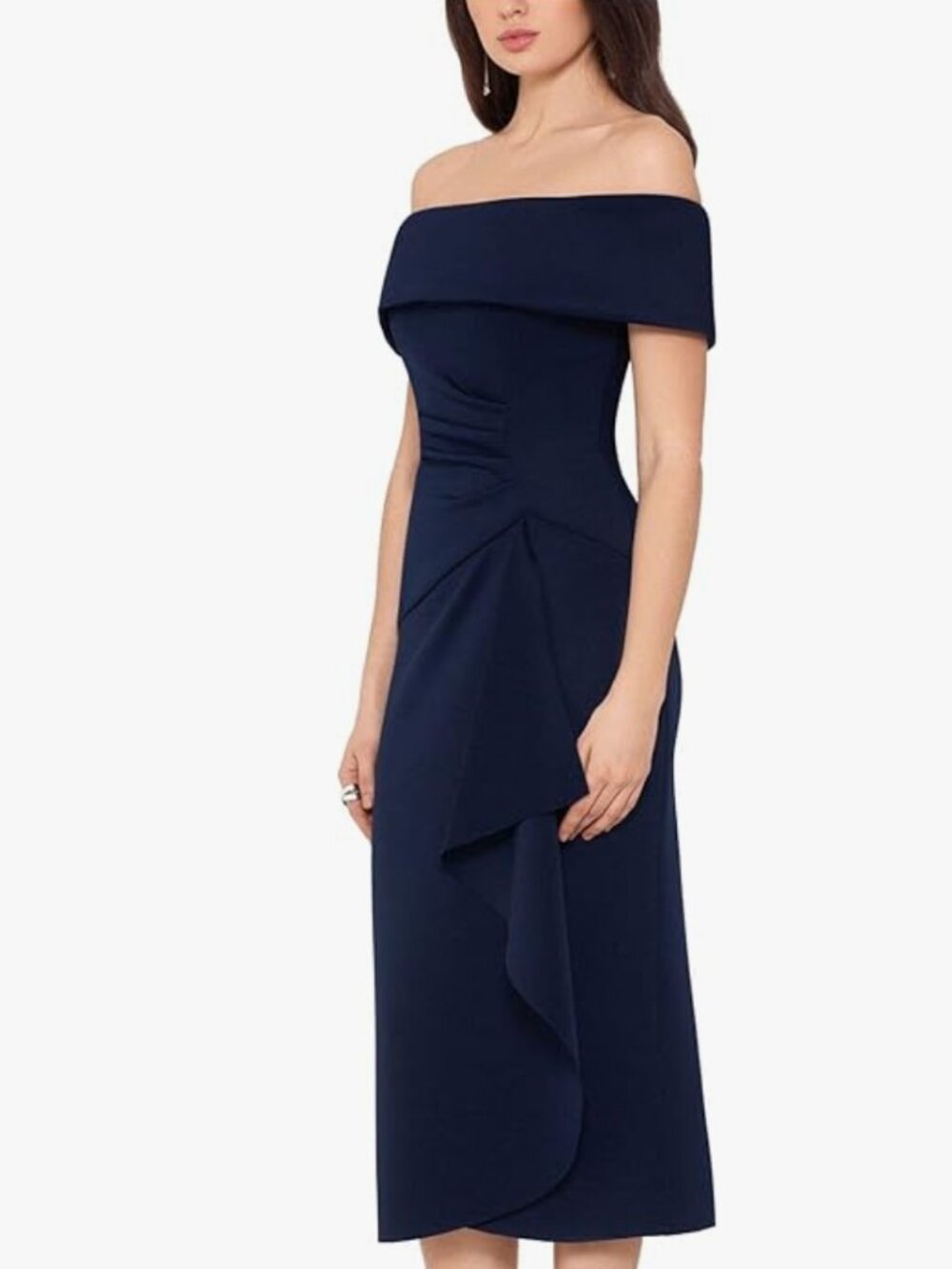 NWT Xscape Off-the-Shoulder Ruched Ruffled Gathered Sheath Dress Navy Blue 12